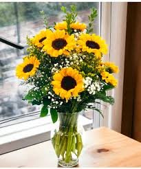 Brighten My Day - Sun Flowers in clear glass vase