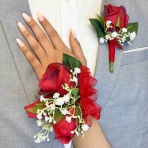 Red prom Boutonniere and Corsage Flower Set